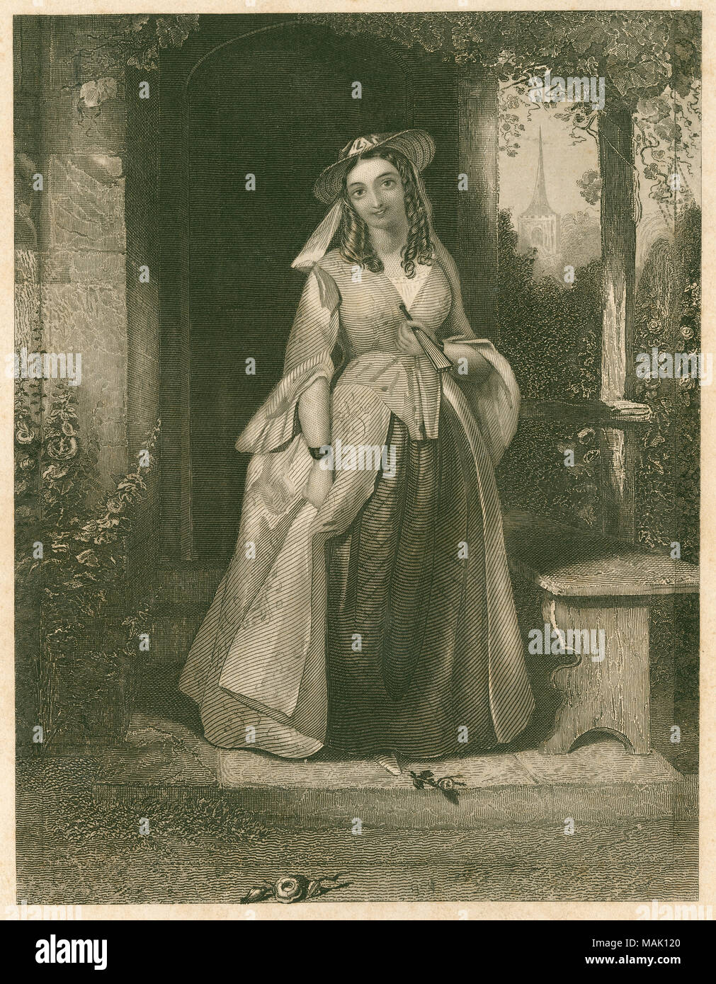 Antique c1830 steel engraving, Anne Page from Shakespeareâ€™s The Merry Wives of Windsor. Anne Page is Mistress Page's daughter and in love with Fenton. SOURCE: ORIGINAL ENGRAVING Stock Photo