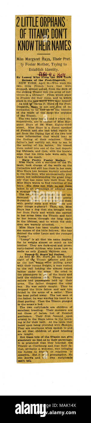 Title: Newspaper clippings saved by Carlos and Katherine Hurd, June 22, 1912  . 22 June 1912. Stock Photo