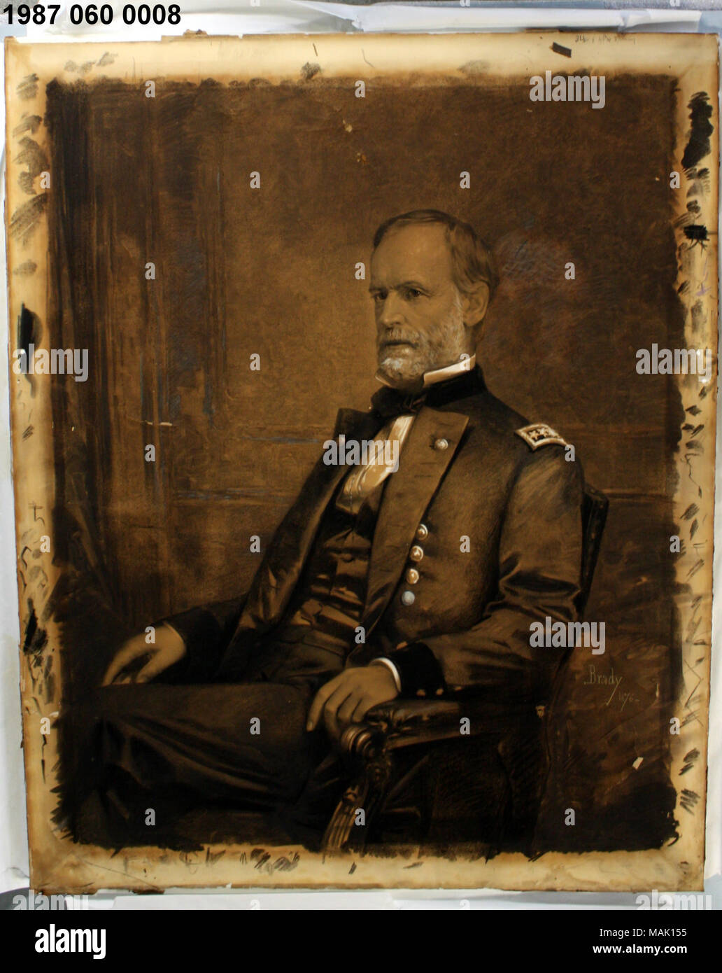 Charcoal and pastel enlargement of Civil War general William Tecumseh Sherman by William F. Bell, from a studio photograph of Sherman taken in Mathew Brady's studio, 1876. Title: Drawing of General William T. Sherman by William F. Bell  . between 1882 and 1883. Bell, William F. Stock Photo