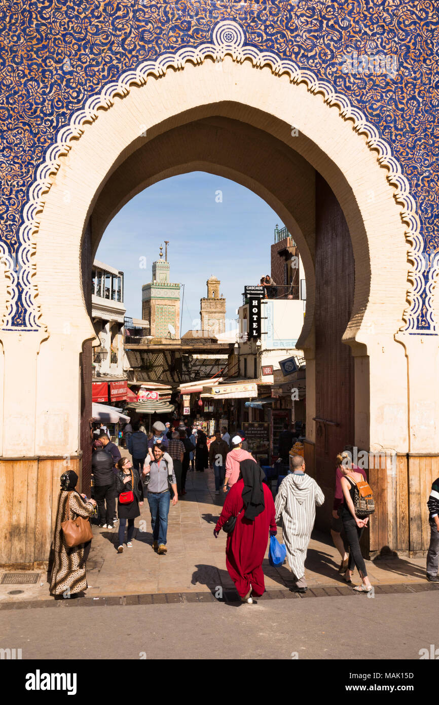 Morocco, Fes, Fes el Bali, Bab Bou Jeloud, the Blue Gate, entrance to Medina Stock Photo