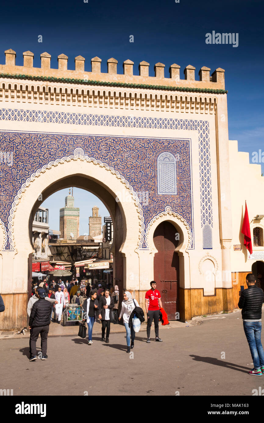 Morocco, Fes, Fes el Bali, Bab Bou Jeloud, the Blue Gate, entrance to Medina Stock Photo
