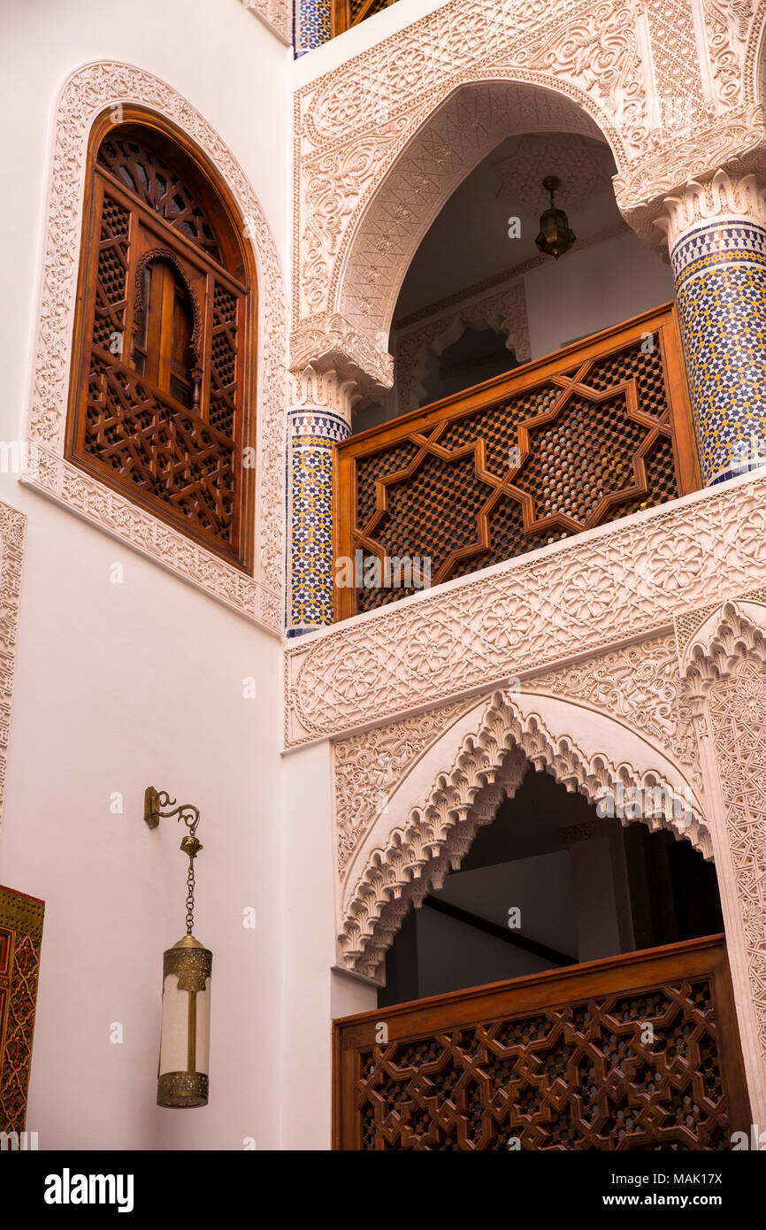 Morocco, Fes, Arset Bennis Douh, Riad Mazar, traditional Moroccan House courtyard Stock Photo