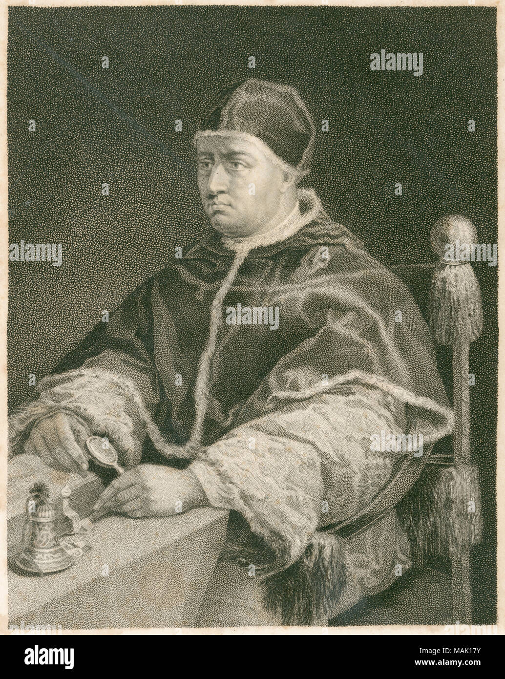 Antique c1820 engraving, Pope Leo X. Pope Leo X (1475-1521), born Giovanni di Lorenzo de' Medici, was Pope from 9 March 1513 to his death in 1521. SOURCE: ORIGINAL ENGRAVING portrait; steel, engraving; engraved; antique; old; art; print; illustration; historic, historical, archival, archive, b&w, black and white, 1860s, 1870s, 1800s, nineteenth century; 19th century Stock Photo
