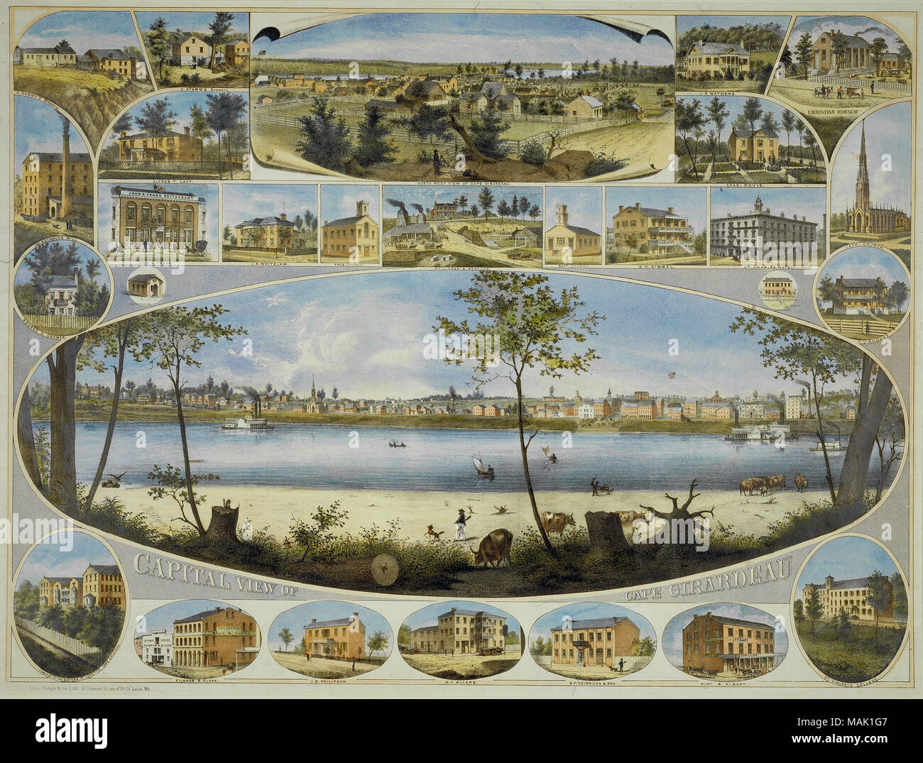 Color lithograph with main oval scene of Cape Girardeau from across the river, showing part of the Illinois shoreline, the river with small boats, and the buildings of Cape Girardeau beyond the river. Smaller oval view at top is 'Southwest View of Cape Girardeau,' and one smaller view and twenty-five individual views of buildings are shown in small vignettes at the top and bottom of the print. Title: Capital View of Cape Girardeau.  . circa 1858. Charles Robyn and Co., St. Louis Stock Photo