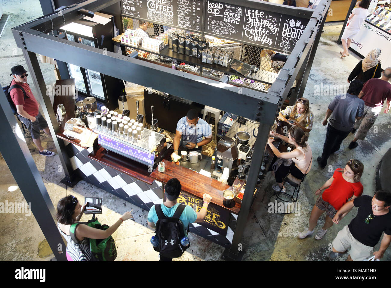 Artisan coffee stall inside the V&A Food Market, on the Waterfront, with local gourmet goods and international street food, in Cape Town, South Africa Stock Photo