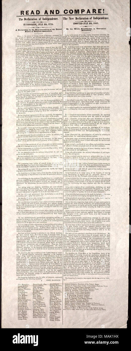 Protest against Radical Party. Title: Broadside: Read and Compare! The Declaration of Independence and The New Declaration of Independence, adopted by the White Republican Party in convention, July 4, 1868  . 4 July 1868. Stock Photo