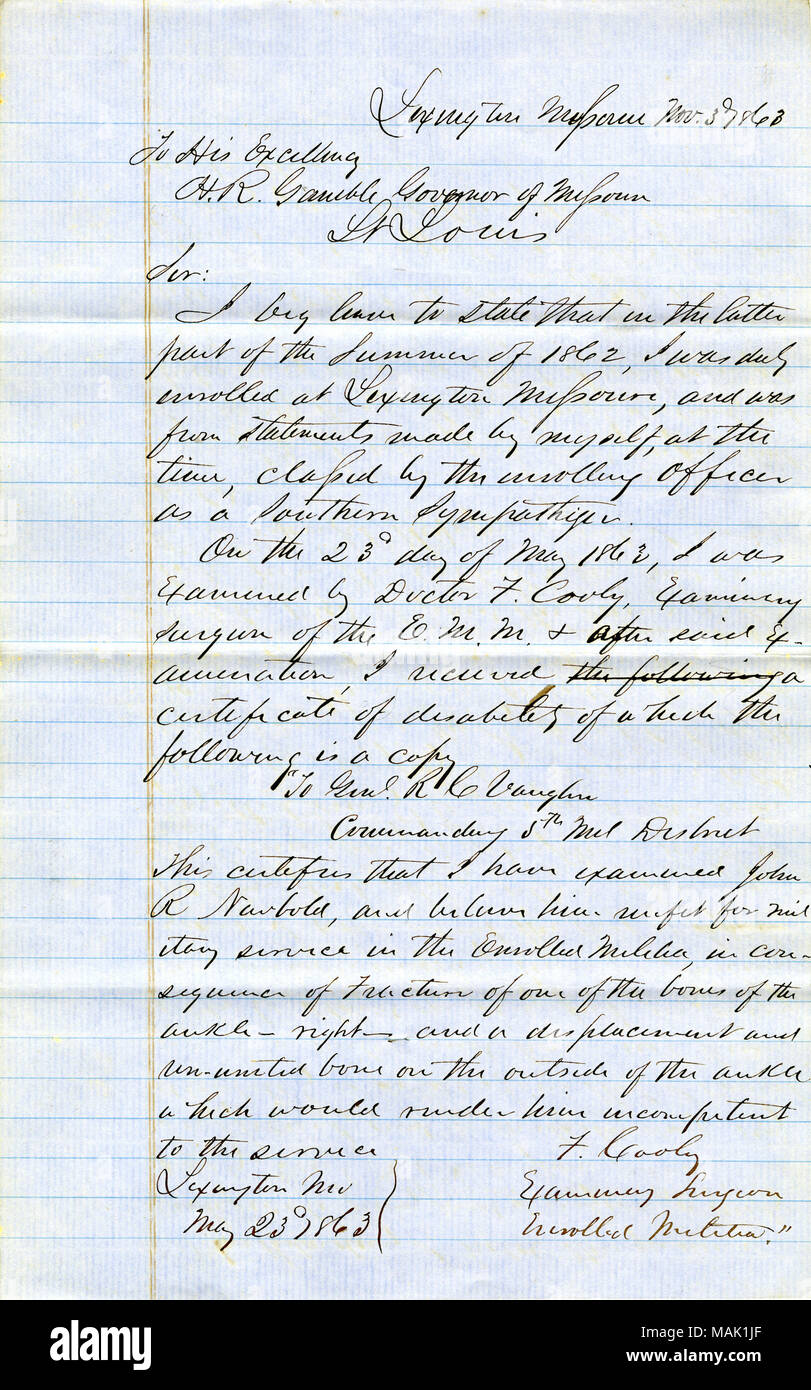 Letter from John R. Newbold to H.R. Gamble, page 1 . 3 November 1863. Newbold, John R. Stock Photo