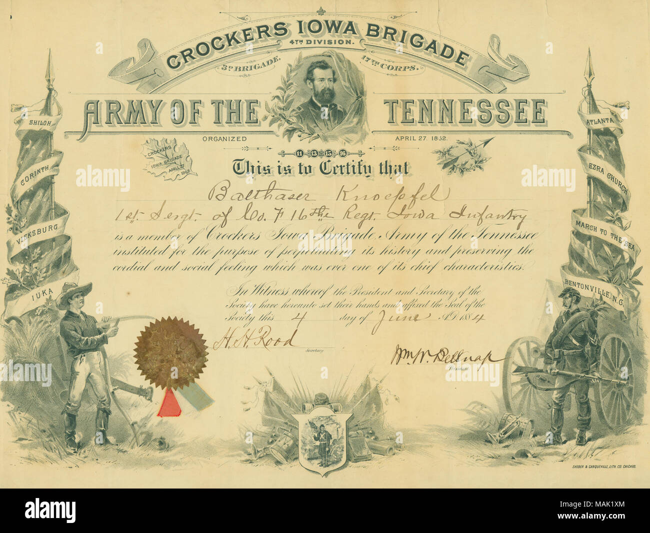 Certificate with an image of a farmer on the left next to a flag with the names of battles on it and an image of a soldier next to a cannon and a flag with the names of battles on it. Certificate reads: 'CROCKERS IOWA BRIGADE 3D BRIGADE 4TH DIVISION 17TH CORPS. ARMY OF THE TENNESSEE ORGANIZED APRIL 27, 1862 This is to Certify that Balthaser Knoepfel 1st Sergt. Of Co. F 16th Regt. Iowa Infantry is a member of Crockers Iowa Brigade Army of the Tennessee instituted for the purpose of perpetuating its history and preserving the cordial and social feeling which was ever one of its chief characteris Stock Photo