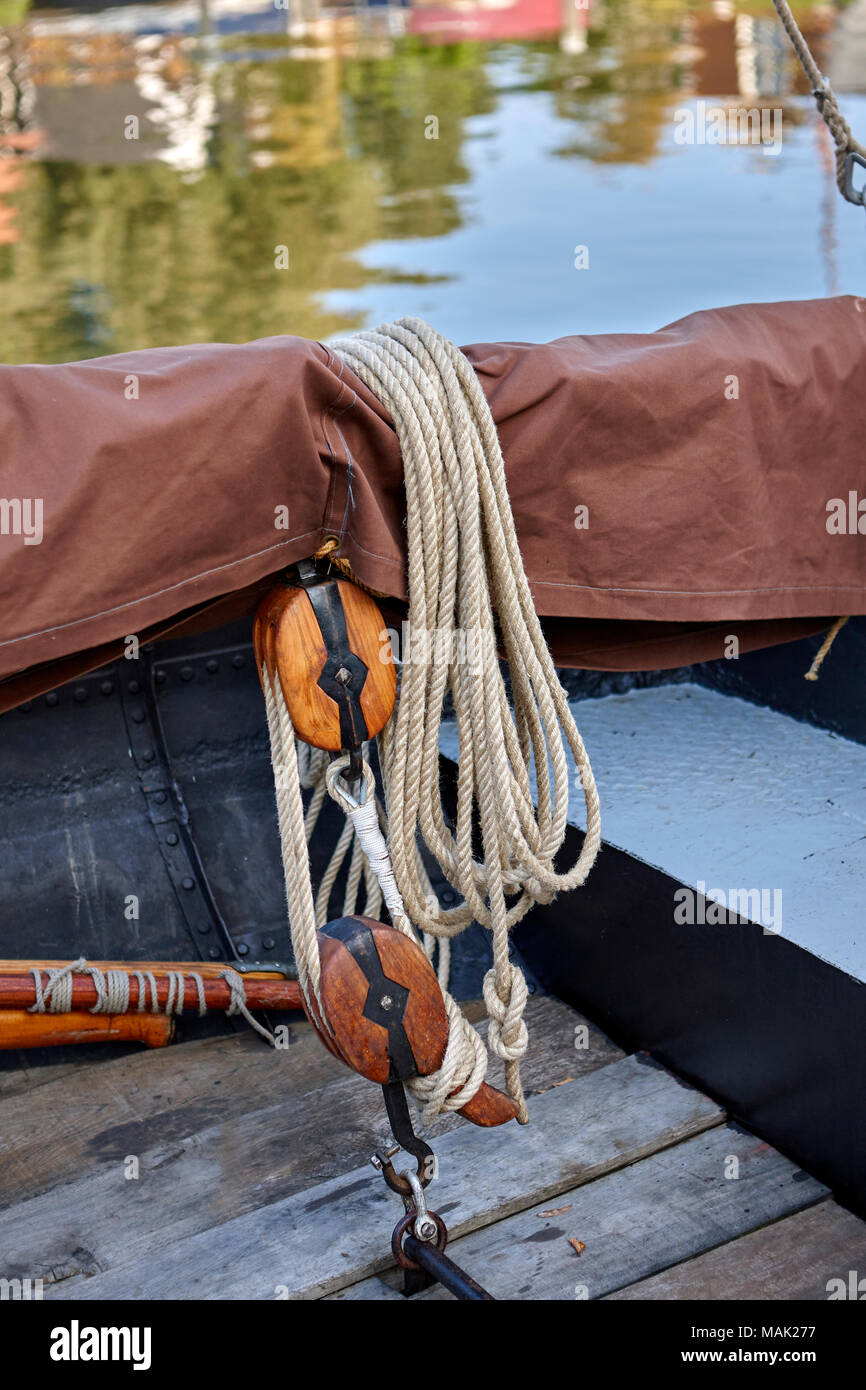 Abstract image of block and tackle and boom of a traditional Dutch sailing Tjalk, Barge Holland, Netherlands Stock Photo