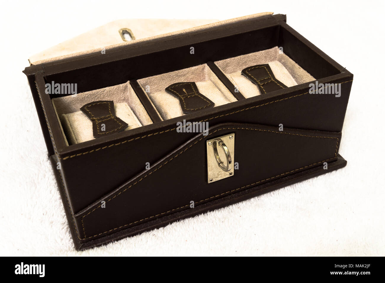 Luxury watch gift box. Personal, present. Empty and sewn watch box in