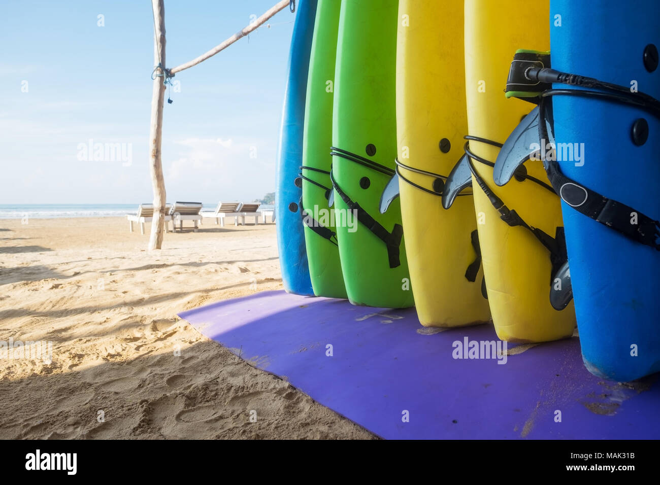 Several long boards for surfing standing on beach in the morning. Concept of active sport during vacation Stock Photo