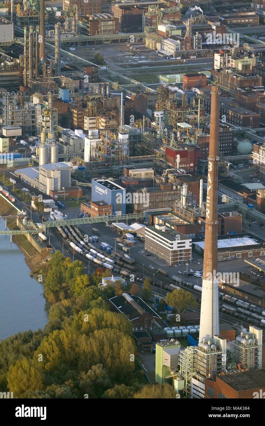 Aerial view, Bayer Leverkusen, Chempark Leverkusen am Rhein, chemical factory, Cologne, Rhineland, North Rhine-Westphalia, Germany, Europe, birds-eyes Stock Photo