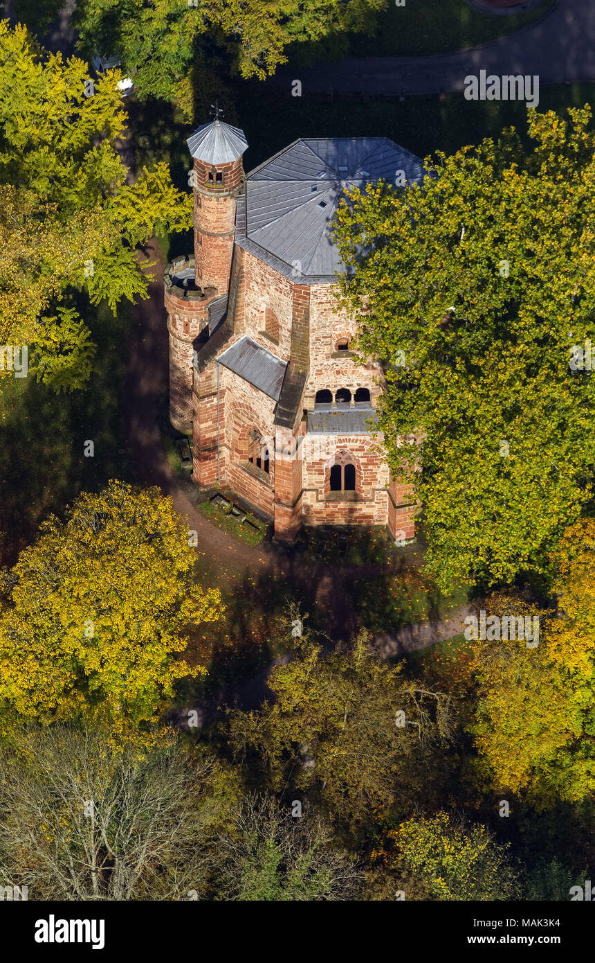Old tower, oldest sacral building of the Saarland, Mettlach, Saarland, Germany, Europe, aerial view, birds-eyes view, aerial view, aerial photography, Stock Photo