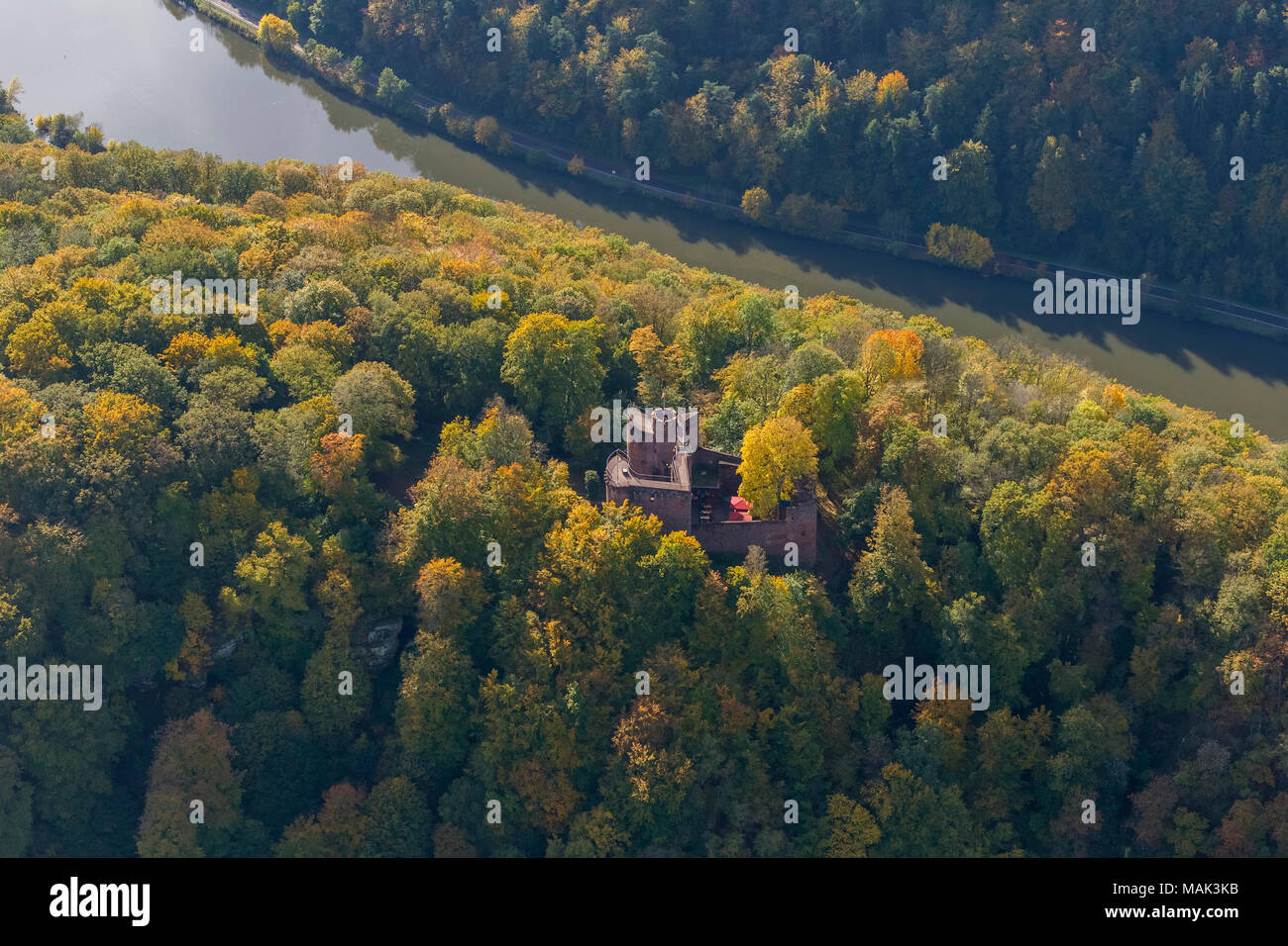 Castle Montclair, castle tower, at the Saarschleife Mettlach, Taben-Rodt, Saarland, Rhineland-Palatinate, Germany, Europe, aerial view, birds-eyes vie Stock Photo