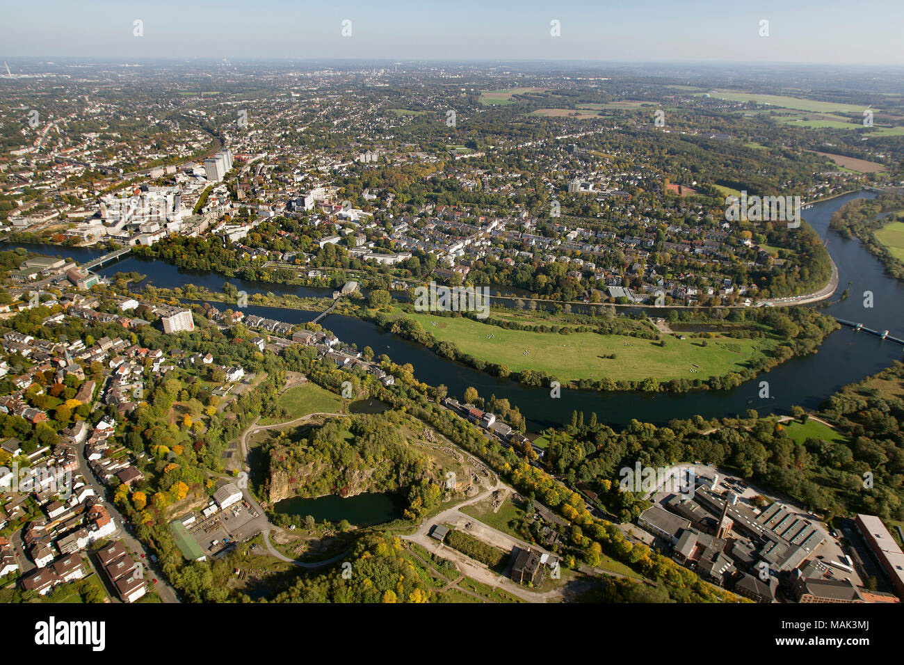 Aerial view, Ruhr promenade between downtown and Saar, Muelheim an der Ruhr, Ruhr area, North Rhine-Westphalia, Germany, Europe, birds-eyes view, aeri Stock Photo