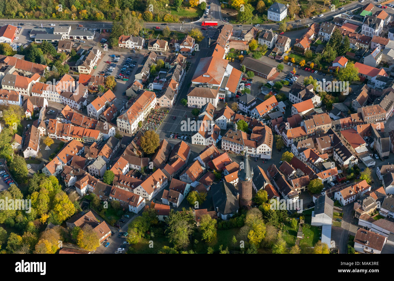Aerial view, old town with half-timbered houses, Alter Turm, Ottweiler, Saarland, Germany, Europe, birds-eyes view, aerial view, aerial photography, a Stock Photo