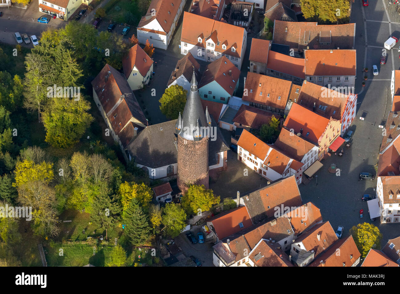 Aerial view, old town with half-timbered houses, Alter Turm, Ottweiler, Saarland, Germany, Europe, birds-eyes view, aerial view, aerial photography, a Stock Photo