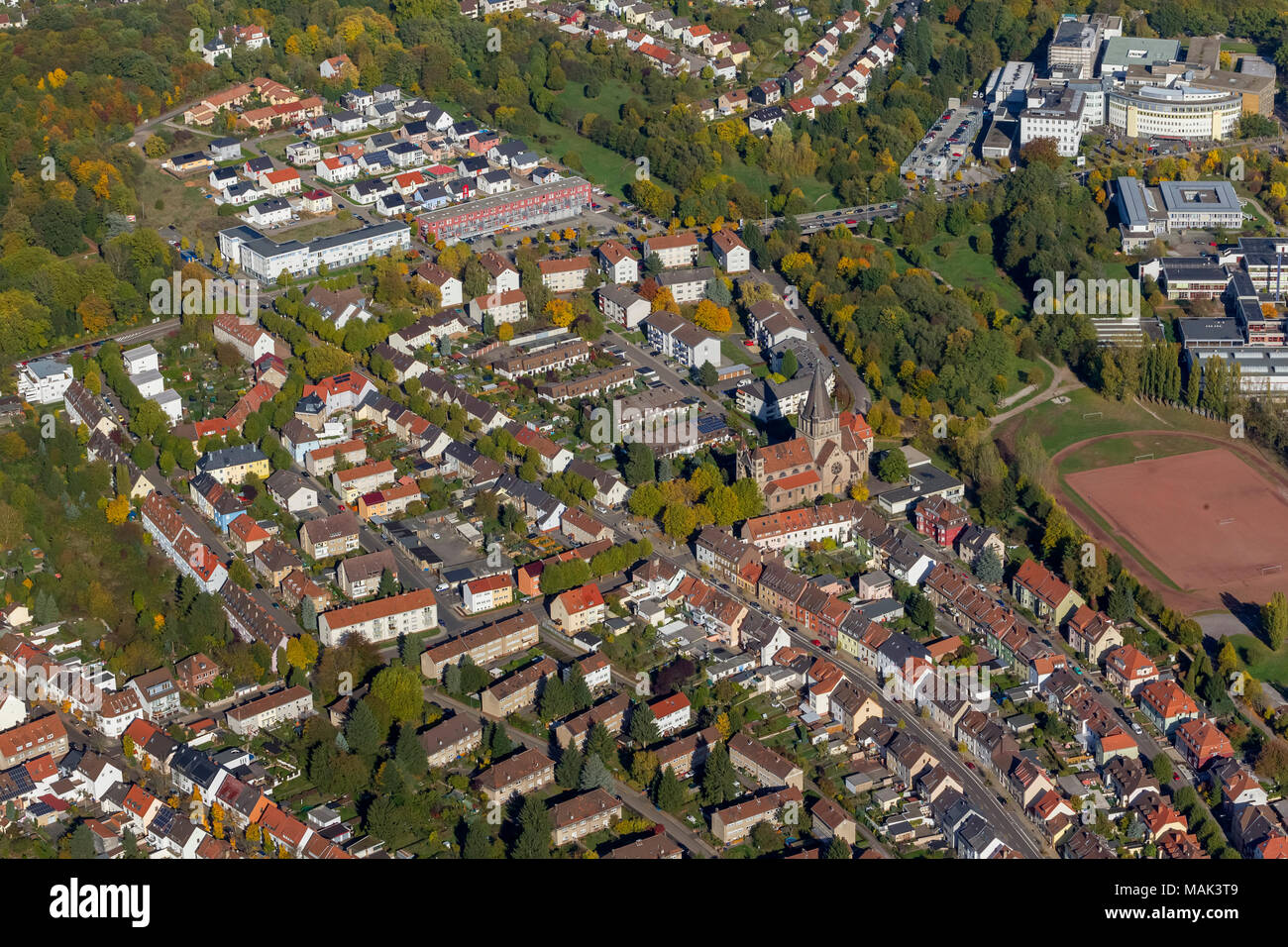 Luftbild, Kirche Burbach, Burbach, Saarbrücken, Saarland, Deutschland, Europa, birds-eyes view, Luftaufnahme, Luftbildfotografie, Luftfotografie, over Stock Photo