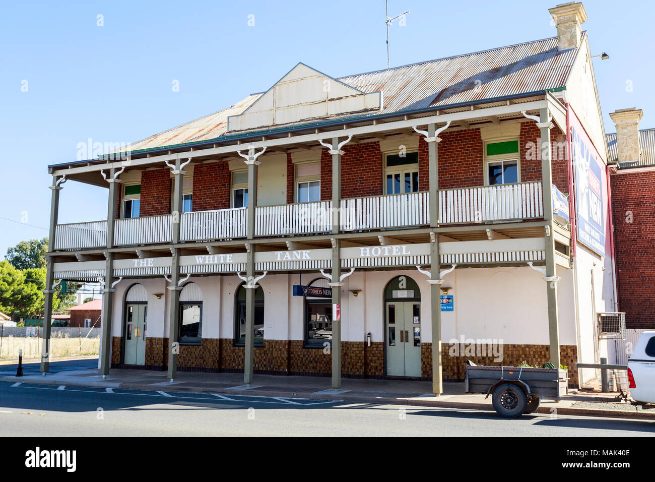 View of the iconic The White Tank Hotel, an outback pub built in 1914 in West Wyalong, NSW