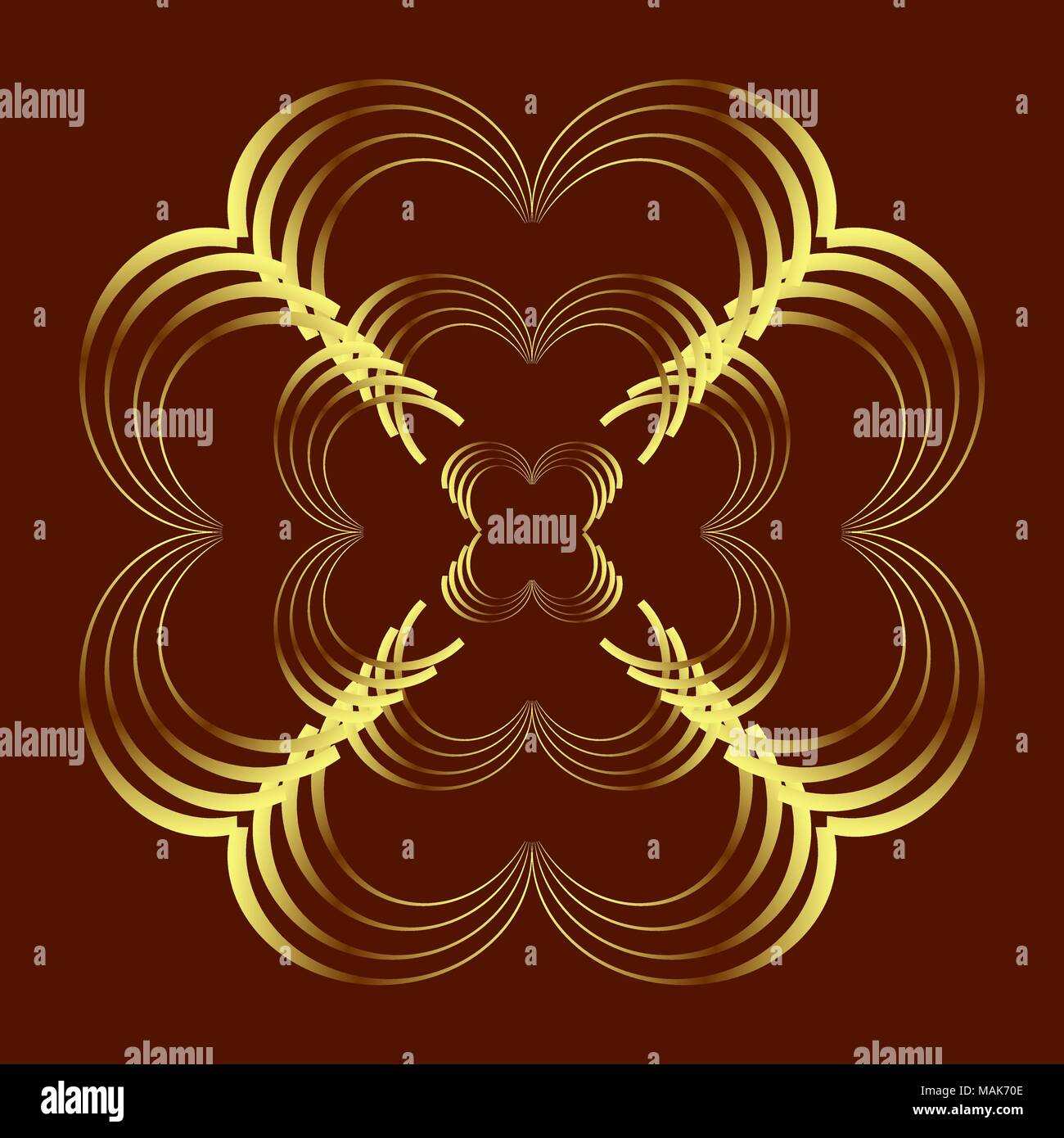 Abstract curve pattern in gold colored on dark brown background; heart, flower shapes. Vector illustration. Stock Vector