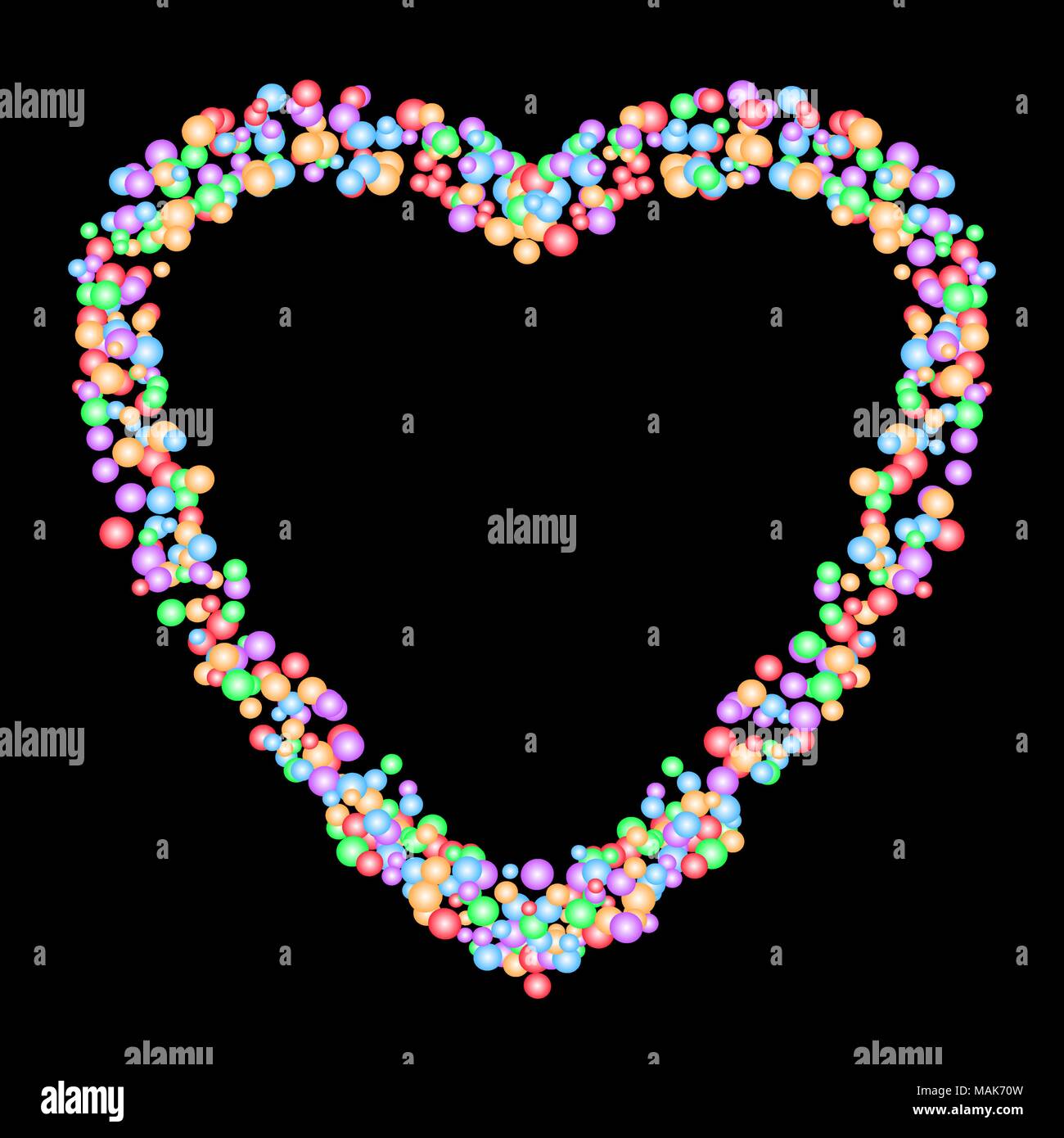 Heart shape pattern formed by colorful bubbles in various sizes ...