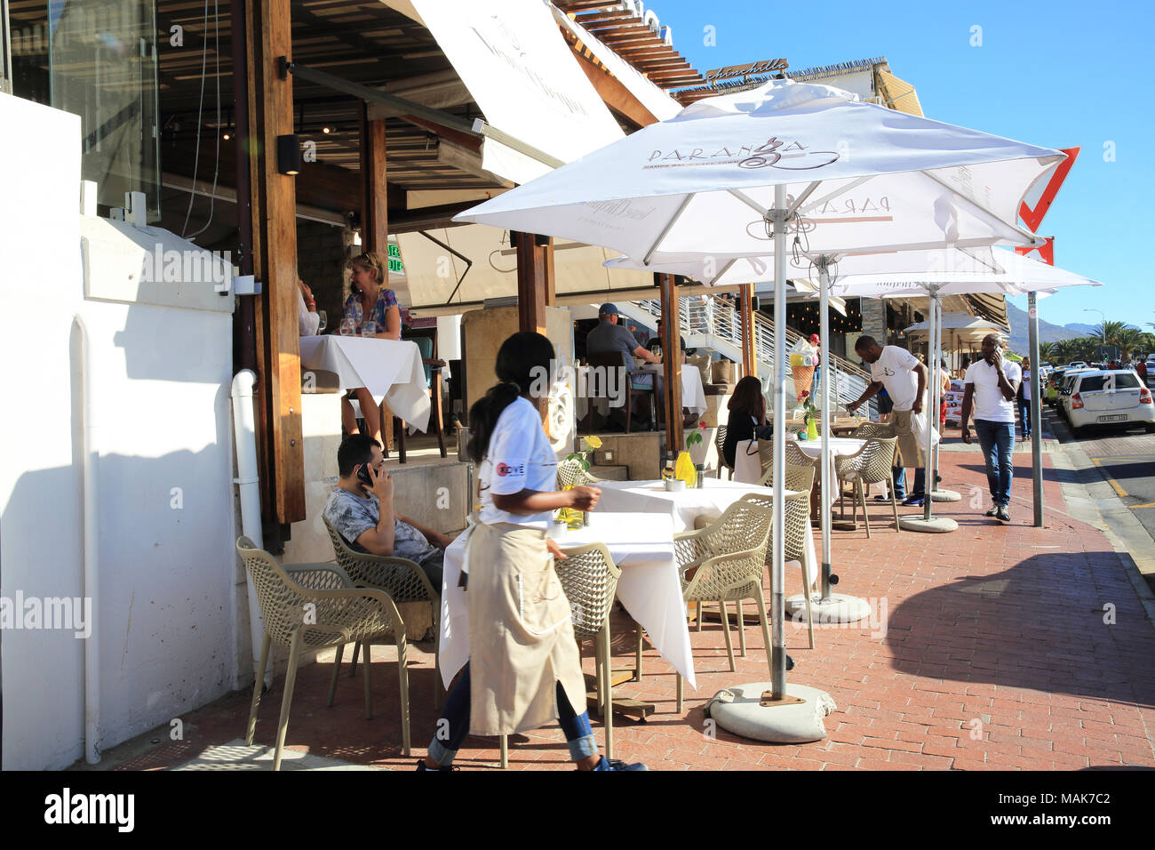 Paranga, a modern bar & restaurant, located along Victoria Road, across from the famous Camps Bay beach front, in Cape Town. Stock Photo