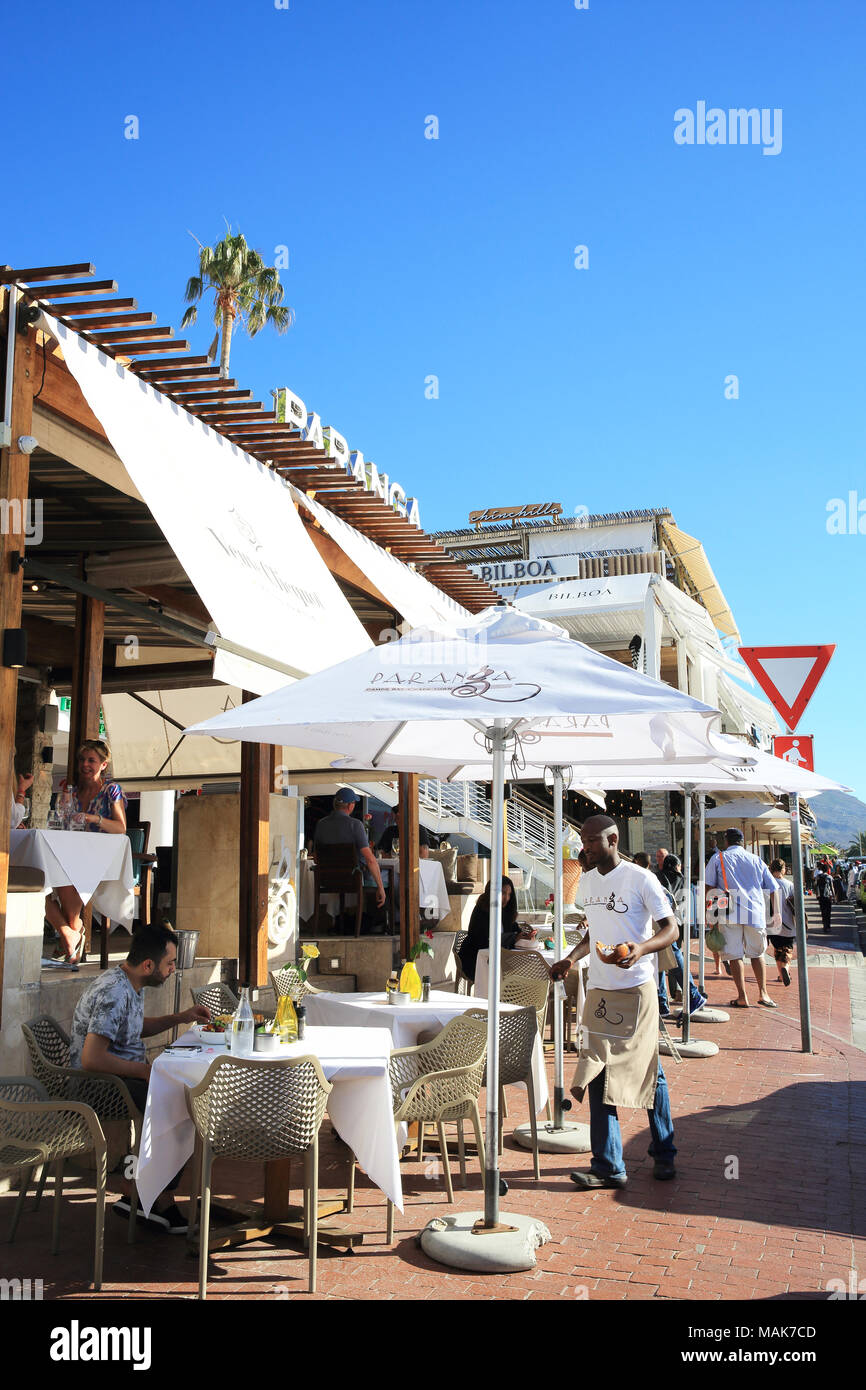 Paranga, a modern bar & restaurant, located along Victoria Road, across from the famous Camps Bay beach front, in Cape Town. Stock Photo