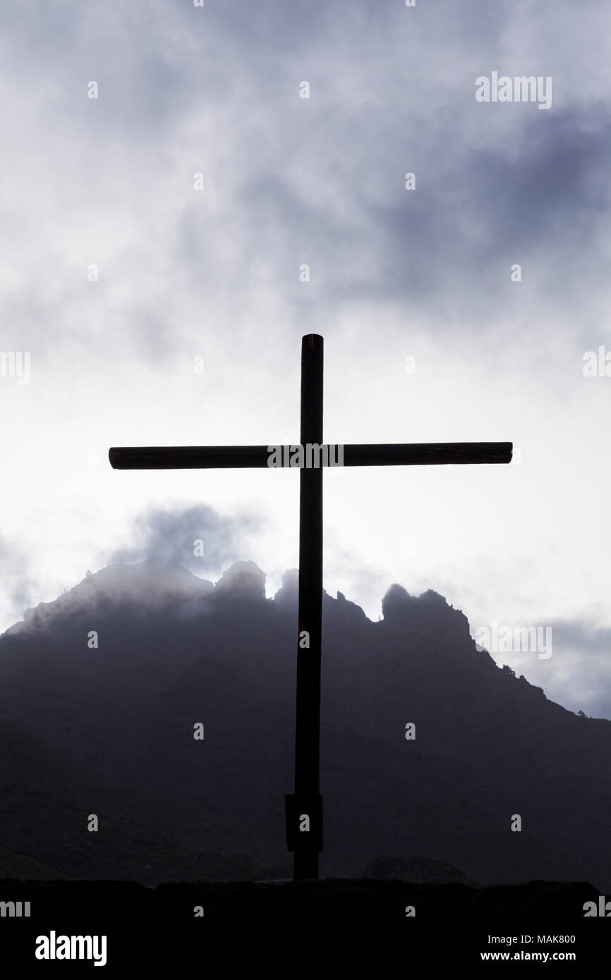 Cross, crucifix, at the Calvary scene set up on a moody, cloudy Good friday for the Passion Play in the Plaza de Espana, Adeje, tenerife, Canary islan Stock Photo