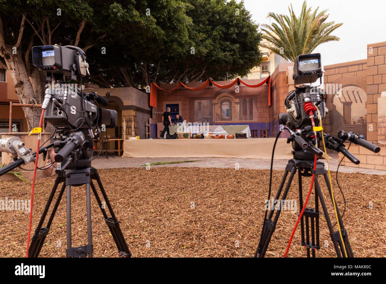 Television cameras set up ready to film broadcast the annual Good Friday  Passion Play from the Calle Grande in Adeje, Tenerife, Canary Islands,  Spain Stock Photo - Alamy