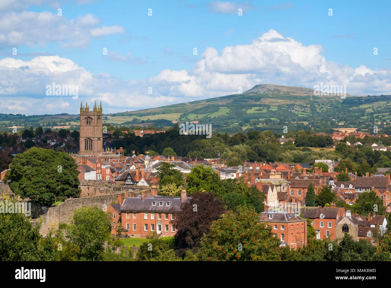 St Laurence's Church, Ludlow, and Titterstone Clee hill from Whitcliffe Common, Shropshire, England, UK Stock Photo