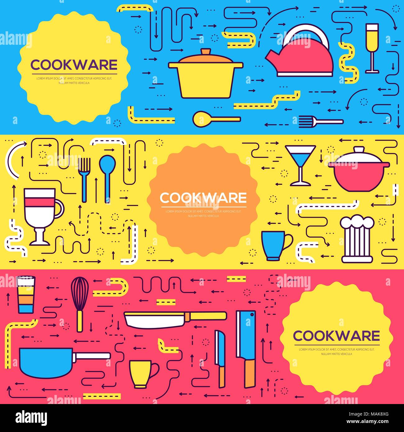 Premium quality cookware vector brochure cards thin line set. Kitchen table linear template of flyear, magazines, posters, book cover, banners. Layout  cooking in house outline modern pages Stock Vector