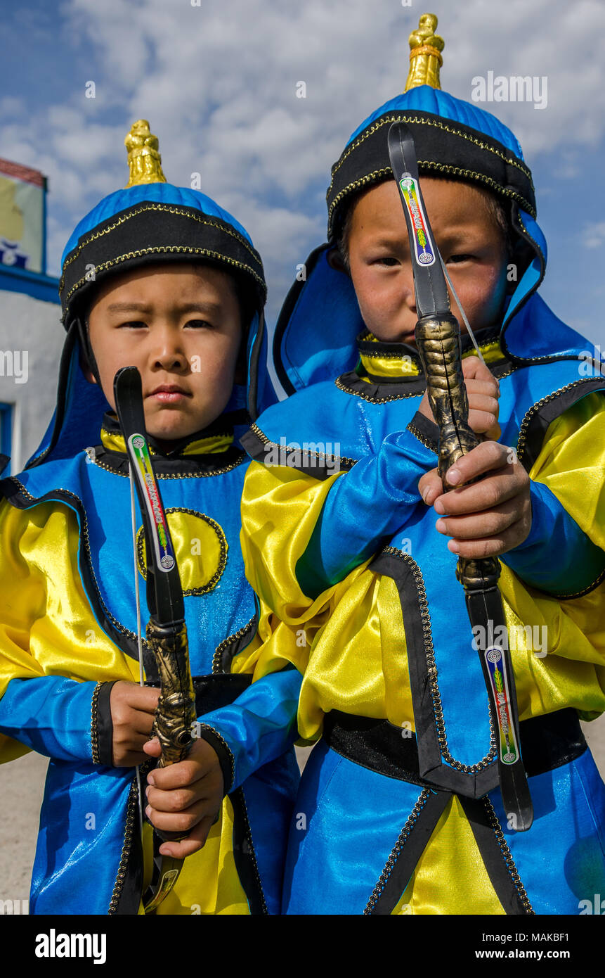 Young Archerer at the Naadam Festival Opening Ceremony, Murun, Mongolia Stock Photo