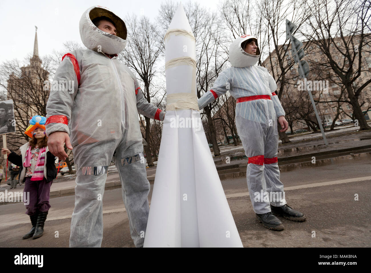 Participants in art procession of April 12 "For aviation and cosmonautics! For a dream!" in honor of the International Cosmonautics Day, Moscow, Russi Stock Photo