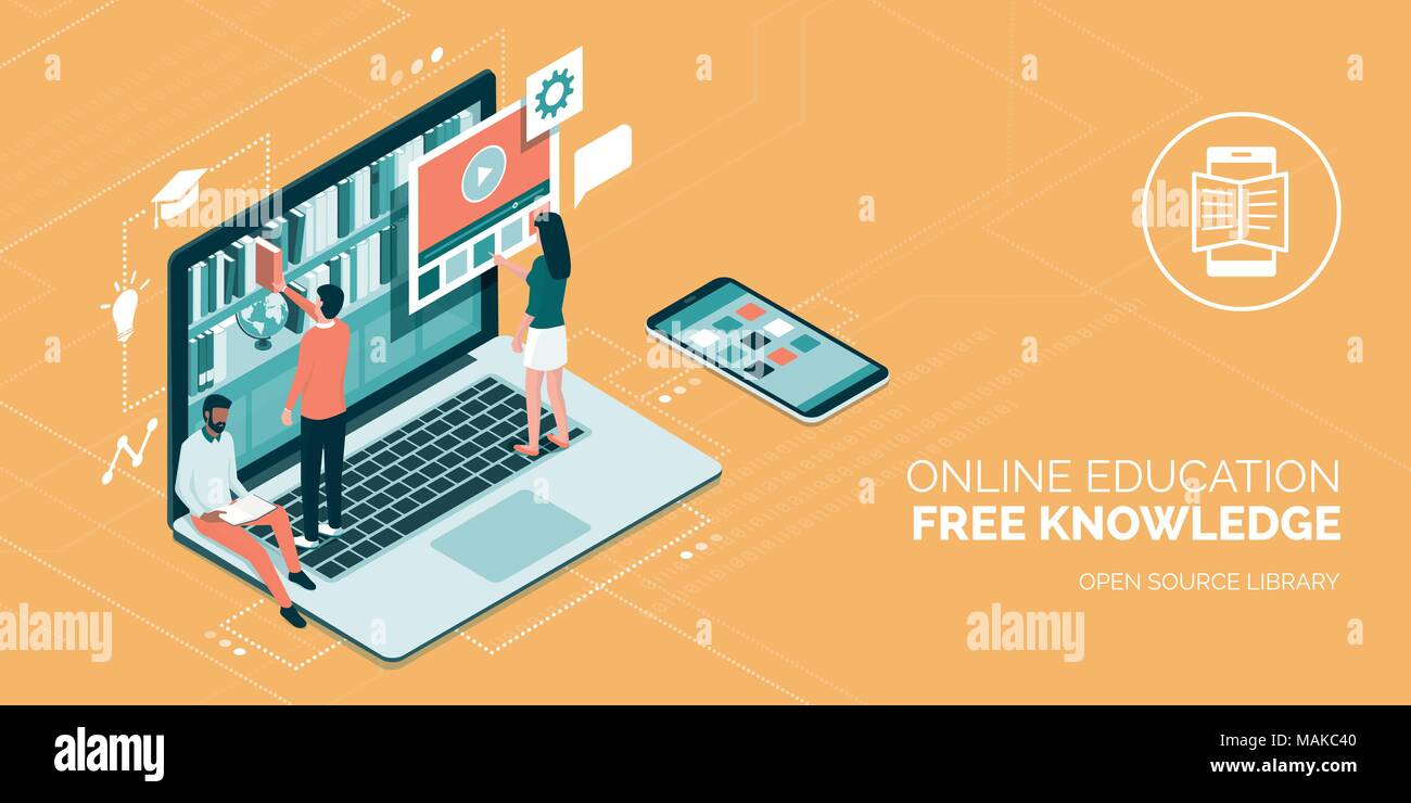 People accessing knowledge online on a virtual library on a laptop, education and e-learning concept Stock Vector