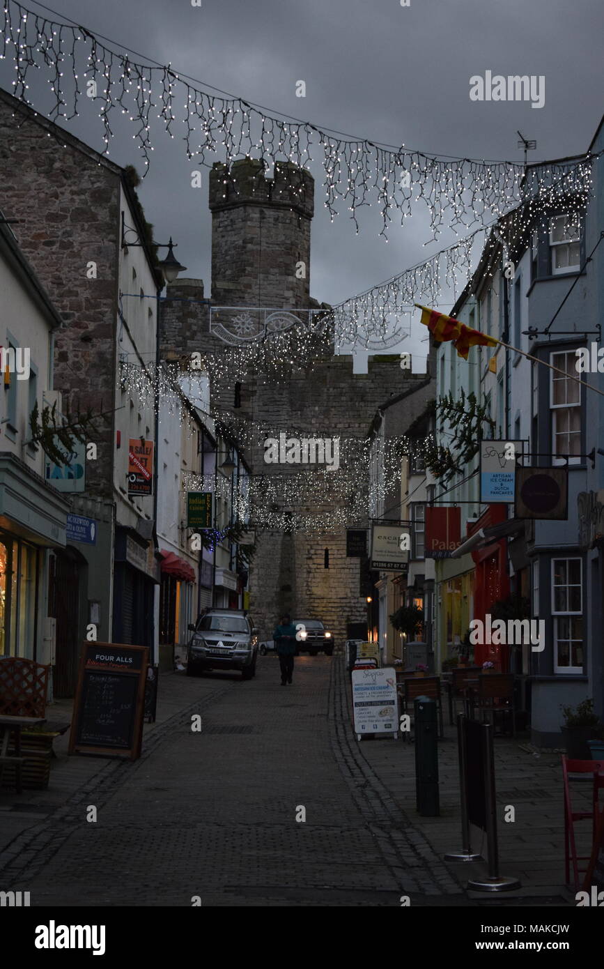 Street view of Caernarfon Castle Stock Photo