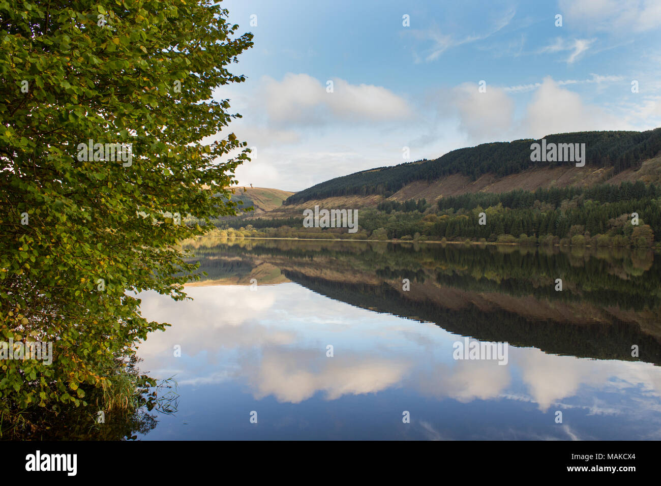 Morning valley reflections at Pontsticill reservoir, Brecon Beacons, South Wales Stock Photo