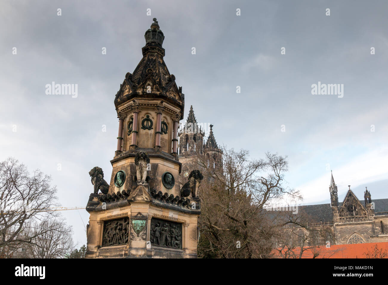 Magdeburg, Germany - March 27, 2018: View of the war memorial Fürstenwall and the cathedral of Magdeburg. The war memorial refers to Prussian wars and Stock Photo