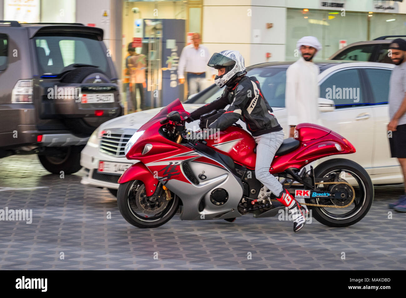Bike rider riding Suzuki Hayabusa heavy bike, Dubai, UAE Stock Photo