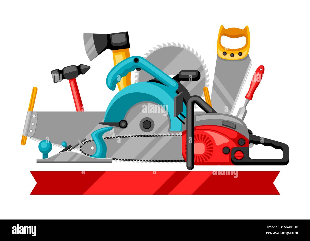 Background with equipment and tools for forestry and lumber industry ...