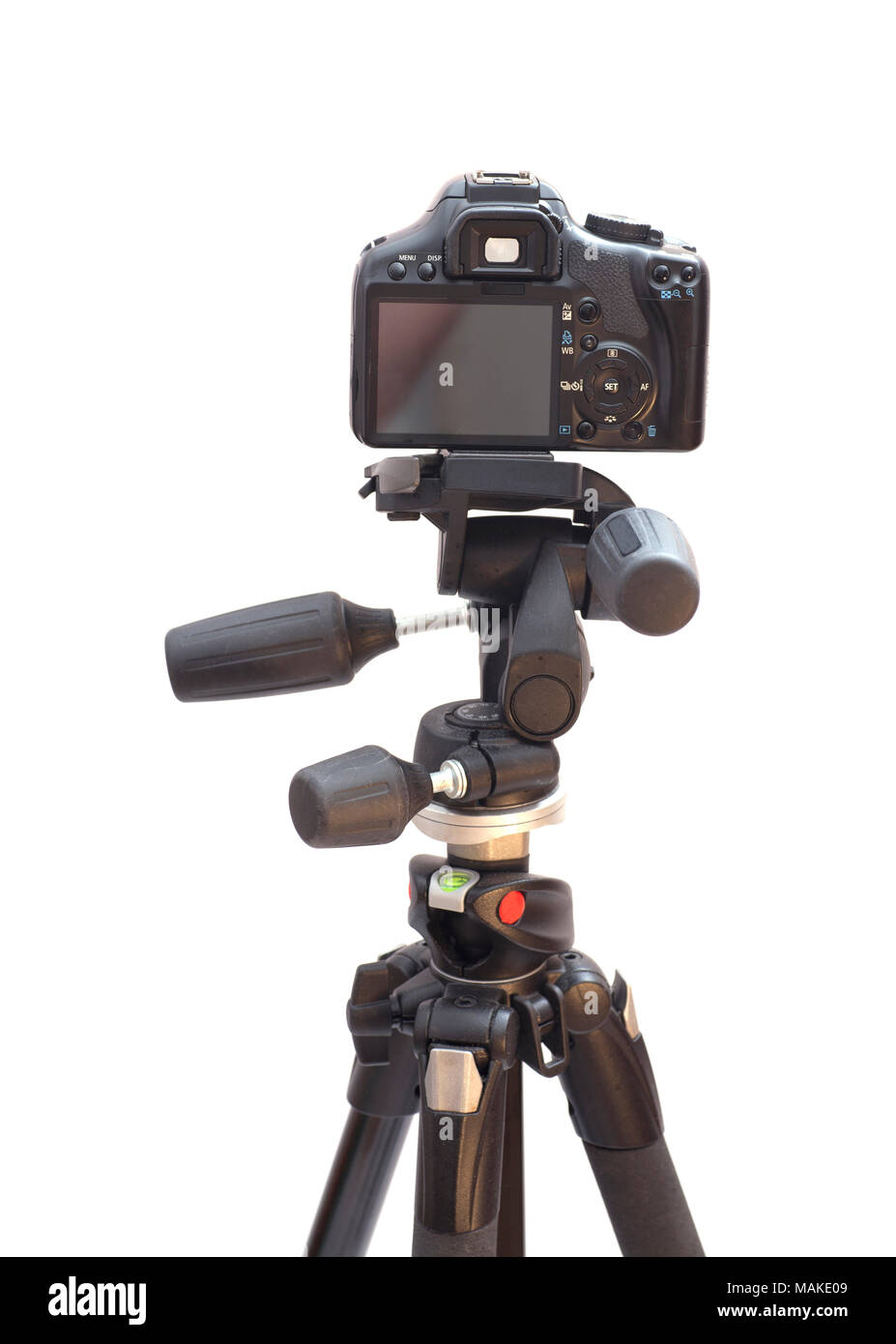 Professional modern DSLR camera on Modern tripod isolated on white ...