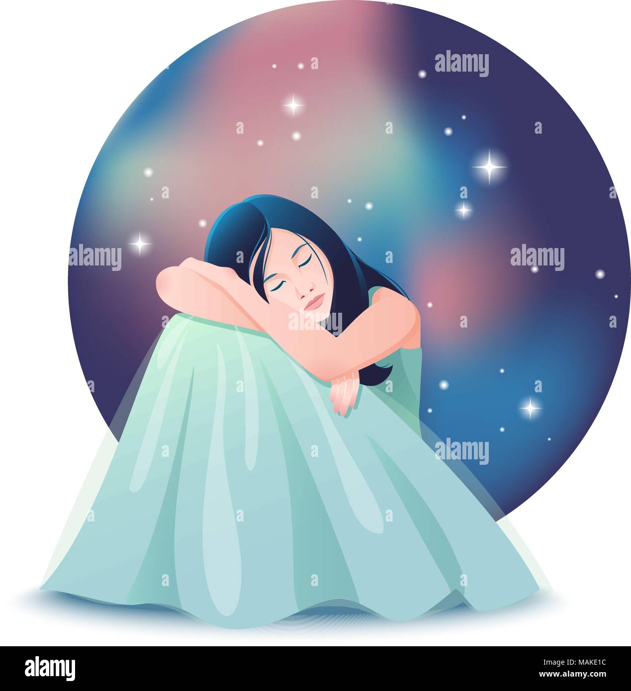 Vector illustration of cute dreaming girl with closed eyes siting in front of the background of night sky with stars. Stock Vector