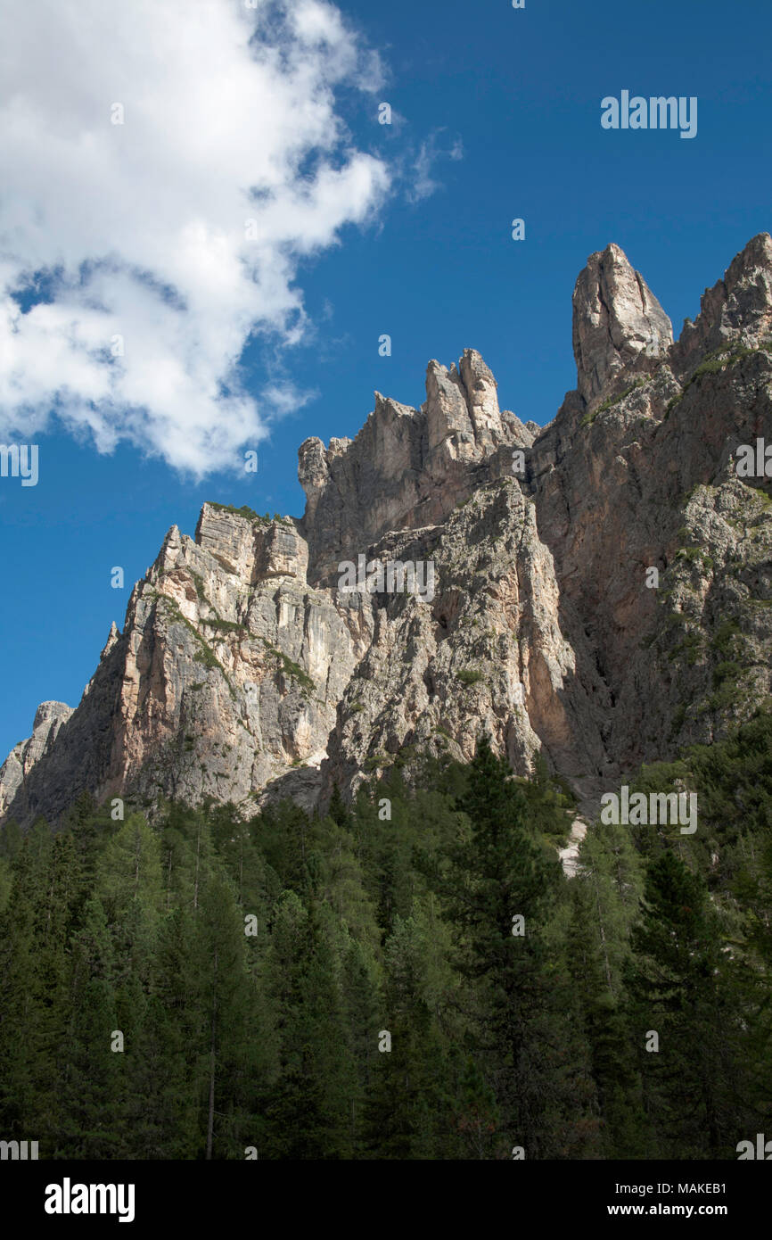 The Ciastel de Chedul an out crop of Monte de Seura rising above the Langental Selva Val Gardena Dolomites Italy Stock Photo