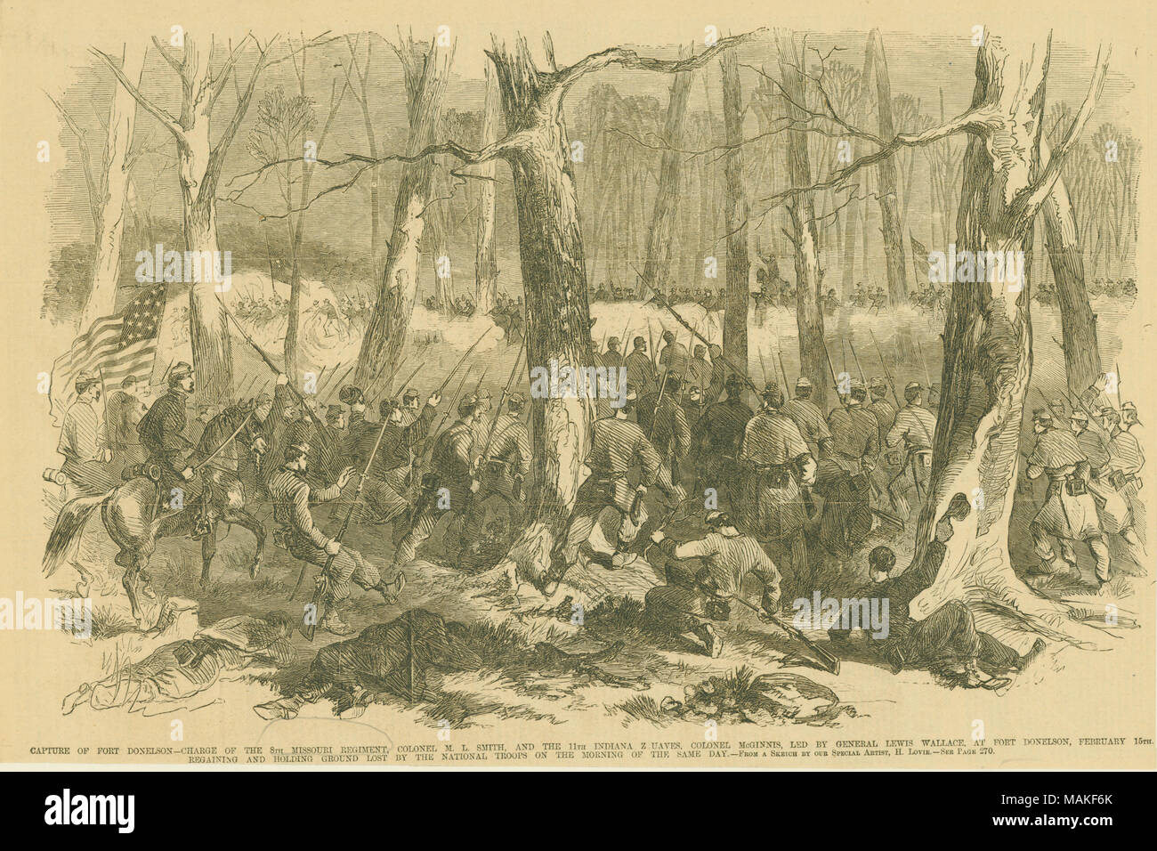'Capture Of Fort Donelson. Charge of The 8th Missouri Regiment, By Colonel M.L. Smith, And The 11th Indiana Zuaves, Colonel NcGinnis, Led By General Lewis Wallace, At Fort Donelson, February 15th.' Wood Engraving by H. Lovie, . Missouri History Museum Photograph and Prints collection. Civil War. P0084-1262. Stock Photo