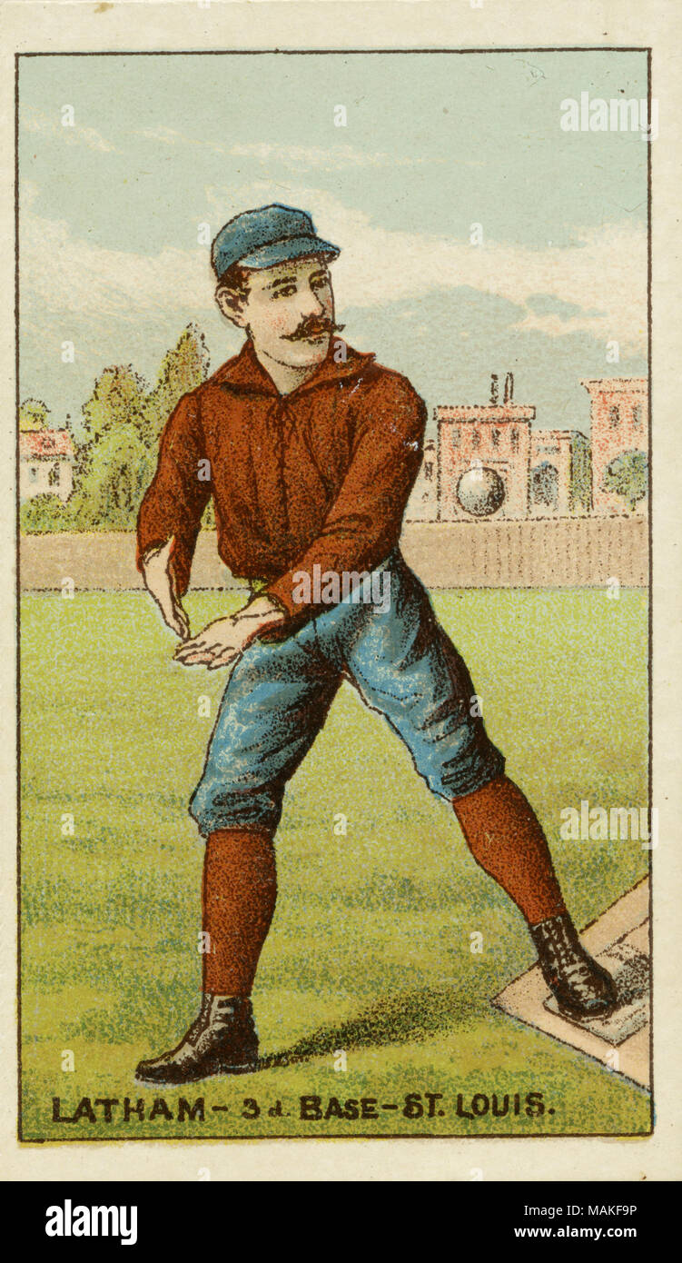 Vertical, color illustration of Latham on a baseball card. He is wearing blue pants and a red shirt and socks. His hat is also blue. He is posed in front of a fence with a house in the background. Below reads 'Latham - 3d Base - St. Louis.' The back reads 'We will pack in the celebrated GOLD COIN CHEWING TOBACCO, the portraits of all the leading base-ball players, police inspectors and captains, jockeys, and actors in the country in full uniform and costume. Continue to save the wrappers. They are valuable.' Title: Buchner Gold Coin baseball card for St. Louis Brown's third baseman Latham.  .  Stock Photo