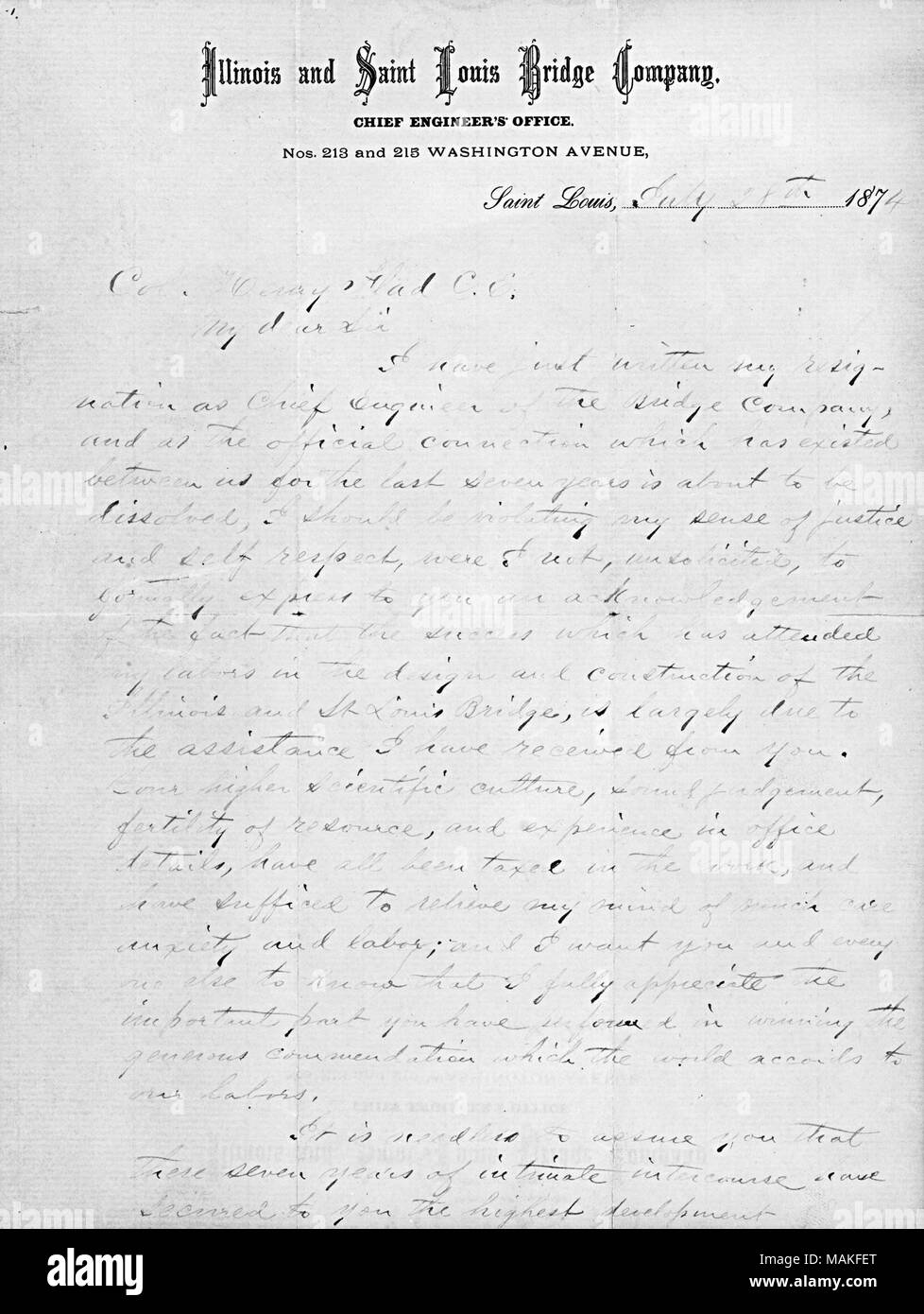 Letter from Jas. B. Eads to Henry Flad, July 28, 1874 . 28 July 1874. Eads, James Buchanan, 1820-1887 Stock Photo