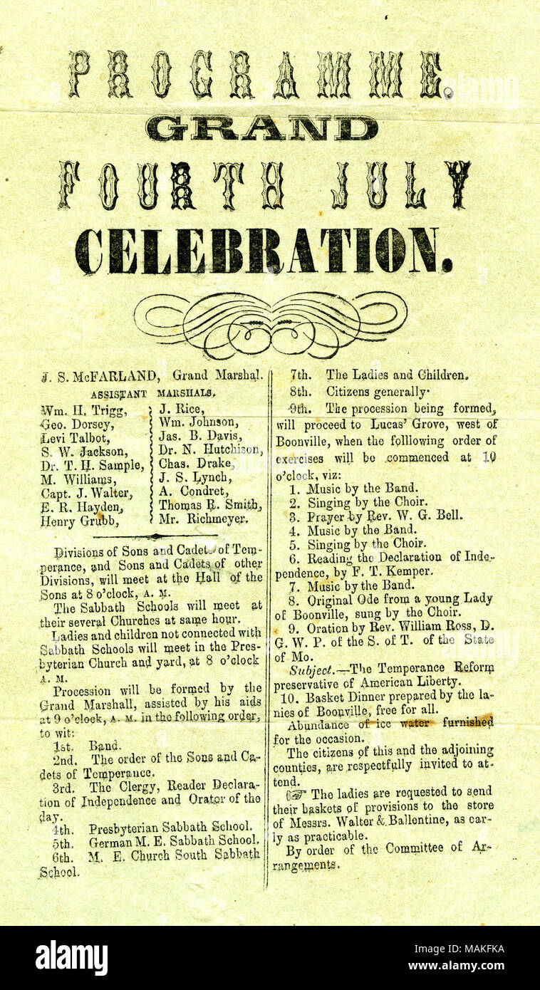 The order of the Sons and Cadets of Temperance and several Sabbath schools will be participating. Circular lists the grand marshal, J.S. McFarland, and the following assistant marshals: Wm. H. Trigg [William H. Trigg], Geo. Dorsey [George Dorsey], Levi Talbot, S.W. Jackson, Dr. T.H. Sample, M. Williams, Capt. J. Walter, E.R. Hayden, Henry Grubb, J. Rice, Wm. Johnson [William Johnson], Jas. B. Davis [James B. Davis], Dr. N. Hutchison, Chas. Drake [Charles Drake], J.S. Lynch, A. Condret, Thomas R. Smith, and Mr. Richmeyer. Also mentions Rev. W.G. Bell, F.T. Kemper, Rev. William Ross, and the sto Stock Photo