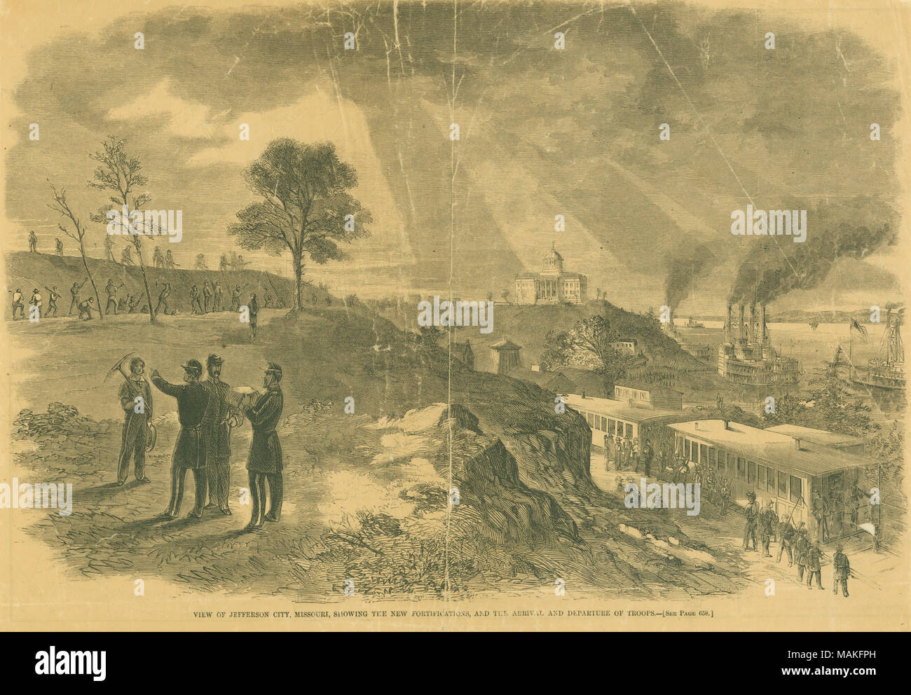 Print of a group of men in the foreground with a train unloading ...