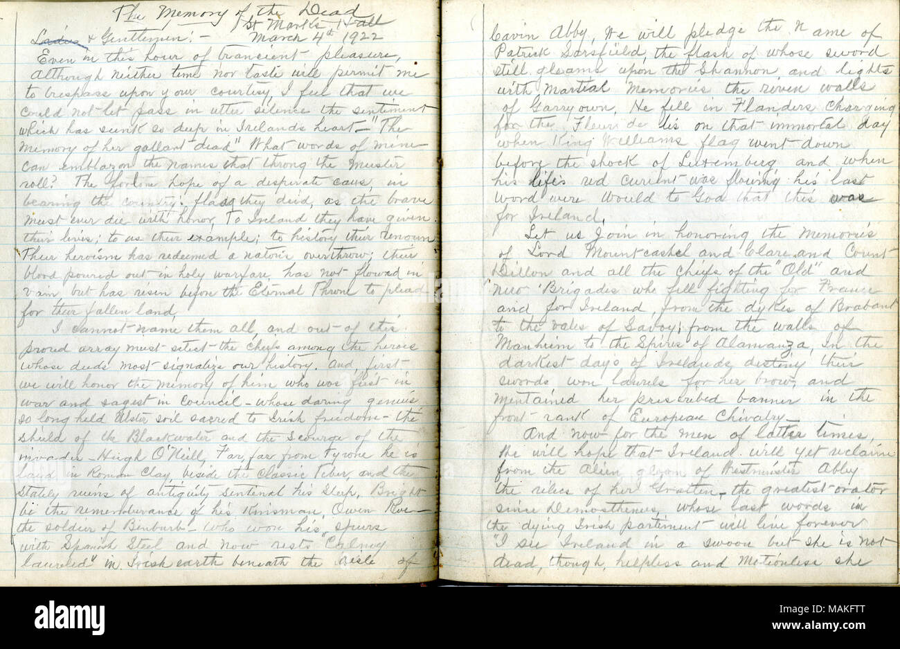 Delivered at St. Mark's Hall. Part of a manuscript volume titled ?ǣAccount Book of the Edward Fitzgerald Circle, Fenian Brotherhood, Fort D.A. Russell, Wy. Ter. [Wyoming Territory]. ? Title: Manuscript speech of John O'Keefe titled 'The Memory of the Dead,' March 4, 1922  . 4 March 1922. O'Keefe, John, 1847-1923 Stock Photo