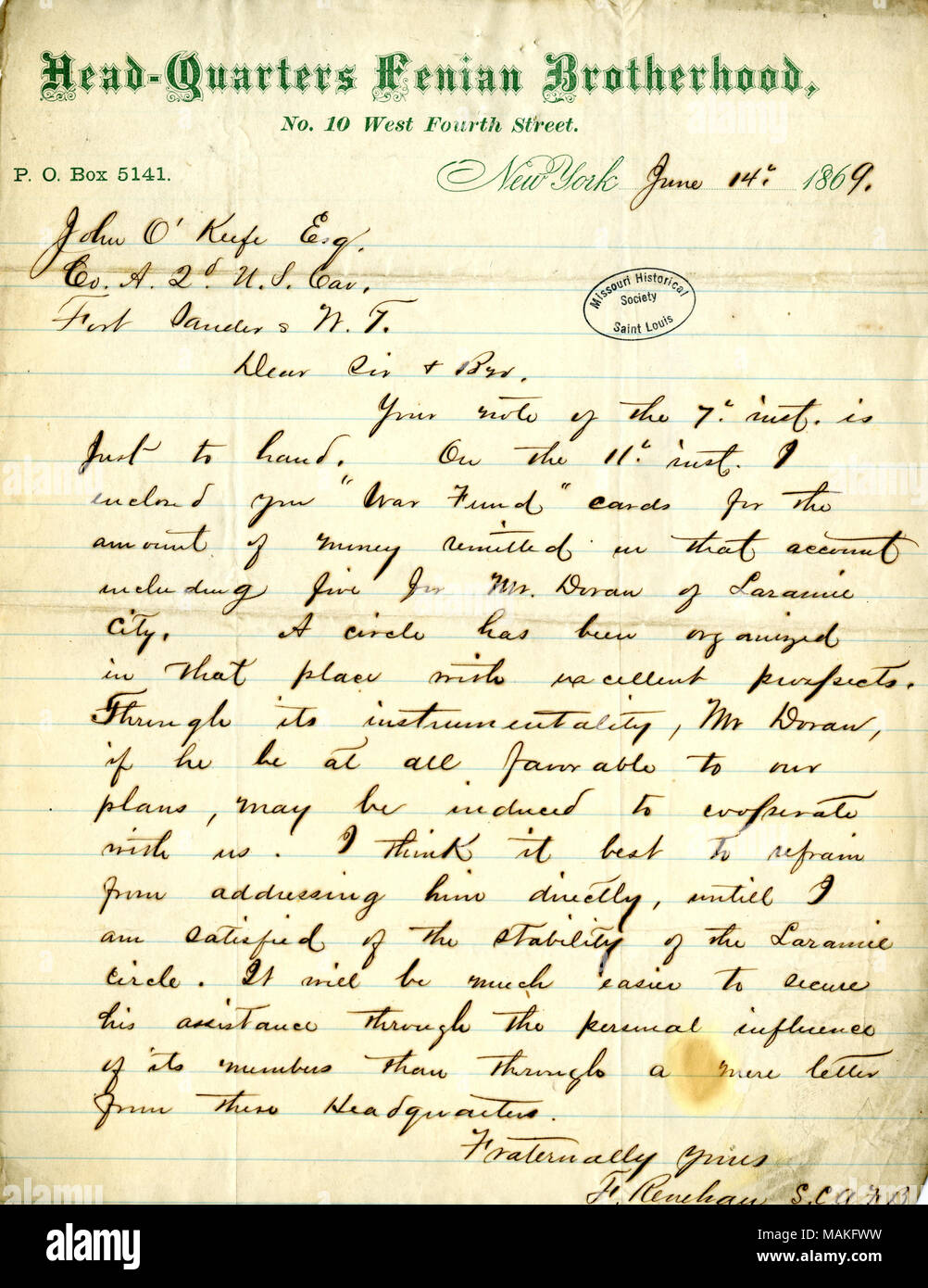Title: Letter signed F. Renehan, Headquarters, Fenian Brotherhood, New York, to John O'Keefe, Fort Sanders, Wyoming, June 14, 1869  . 14 June 1869. Renehan, F. Stock Photo