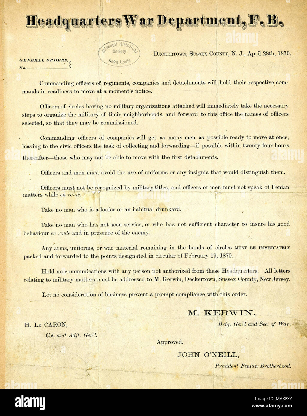 Two copies. Title: General Orders of M. Kerwin., Headquarters, War Department, Fenian Brotherhood, Deckertown, Sussex County, New Jersey, April 28, 1870  . 28 April 1870. Kerwin, M. Stock Photo